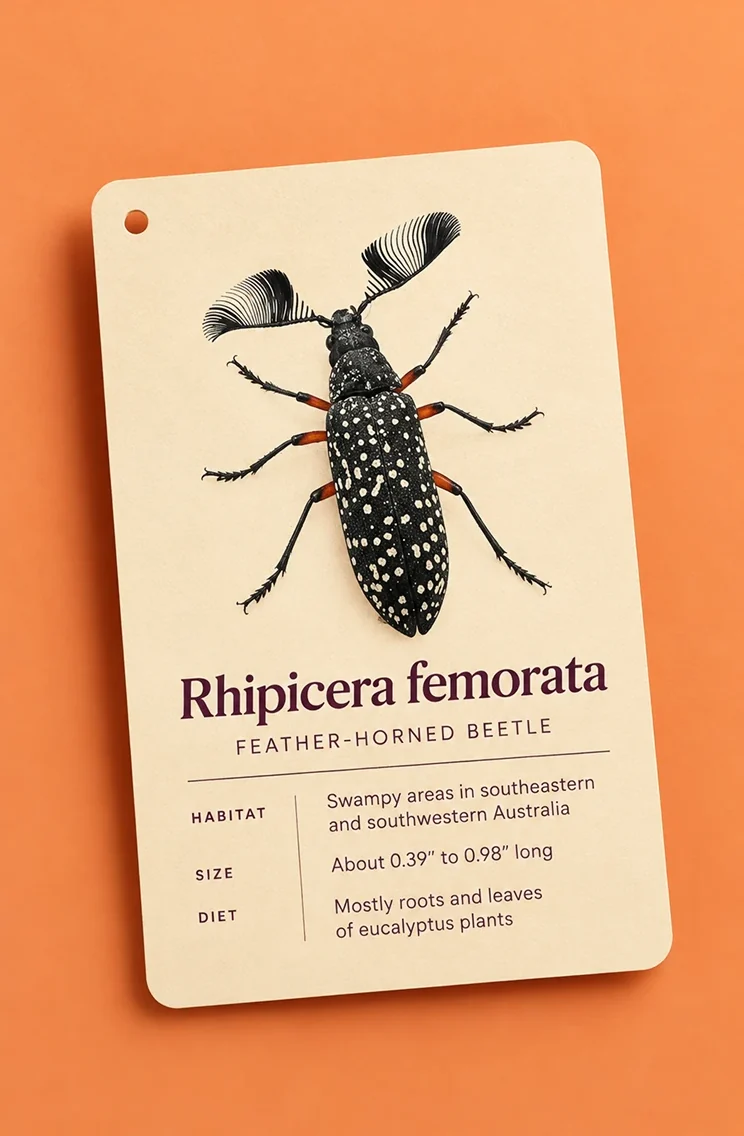 A collector’s card for Rhipicera femorata, the feather-horned beetle, with its habitat, size and diet