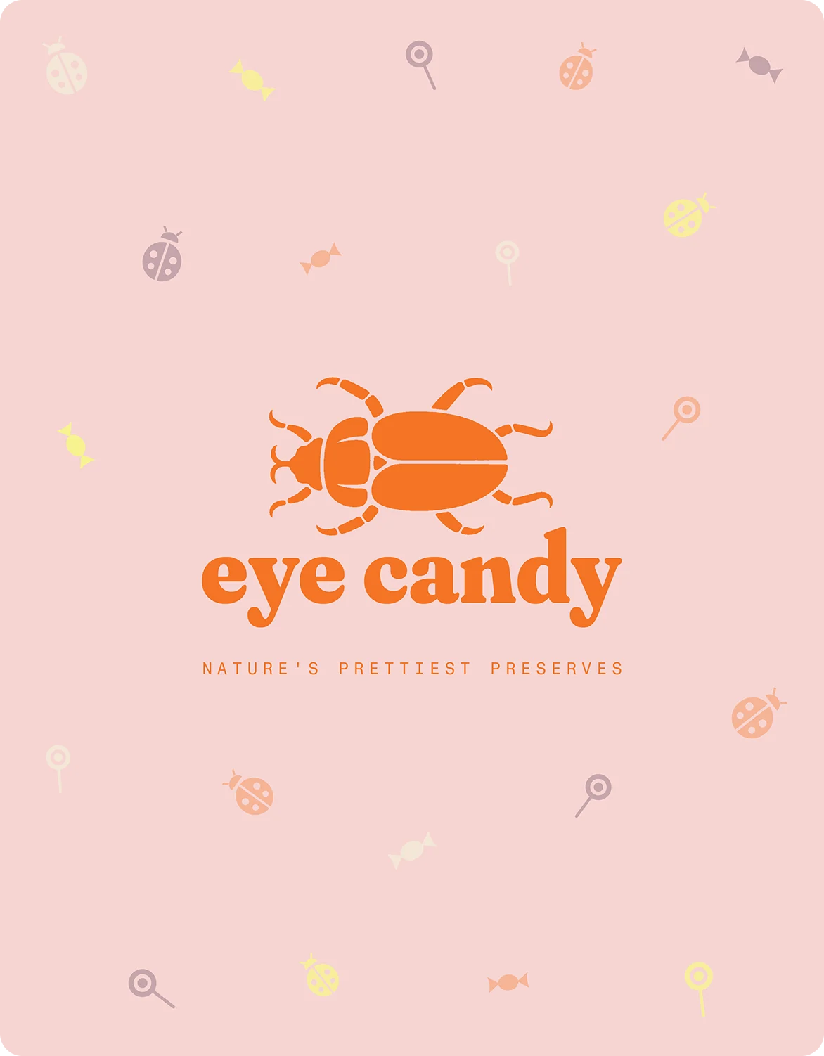 The Eye Candy logo, an orange beetle over “eye candy” and “Nature’s prettiest preserves,” on pink scattered with ladybirds, sweets and lollipops