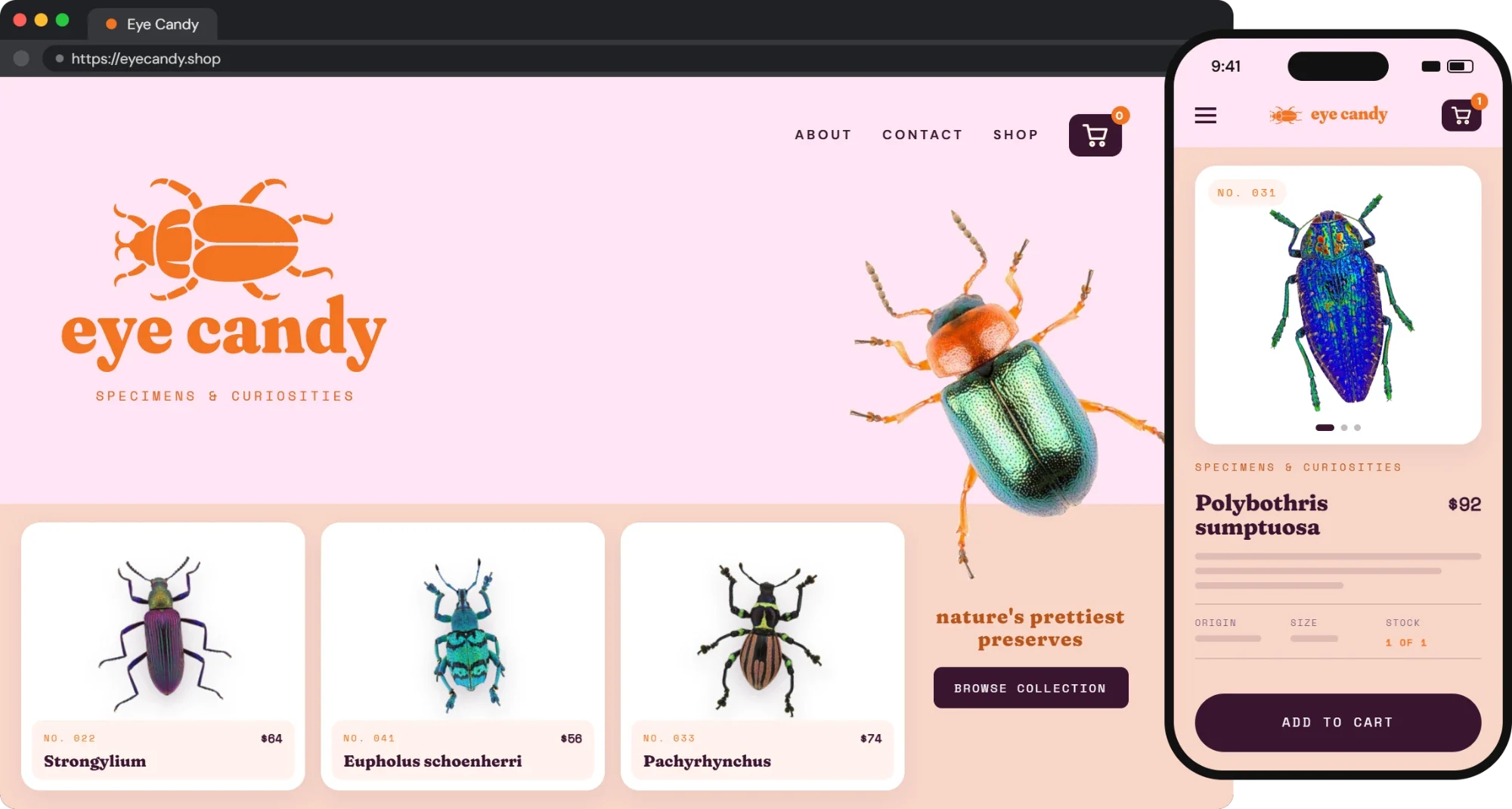 The finished Eye Candy store on desktop and mobile: the beetle logo, specimens for sale, and a product page with Add to cart