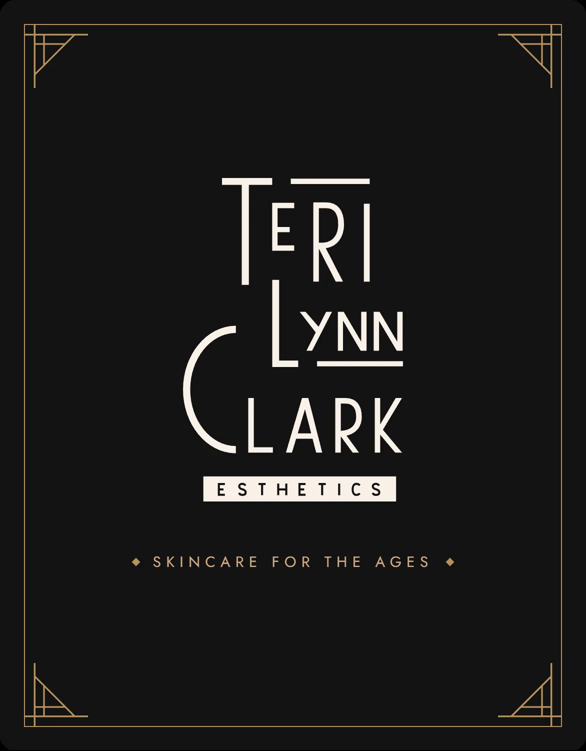 Teri Lynn Clark Esthetics logo in gold on black, inside an Art Deco border
