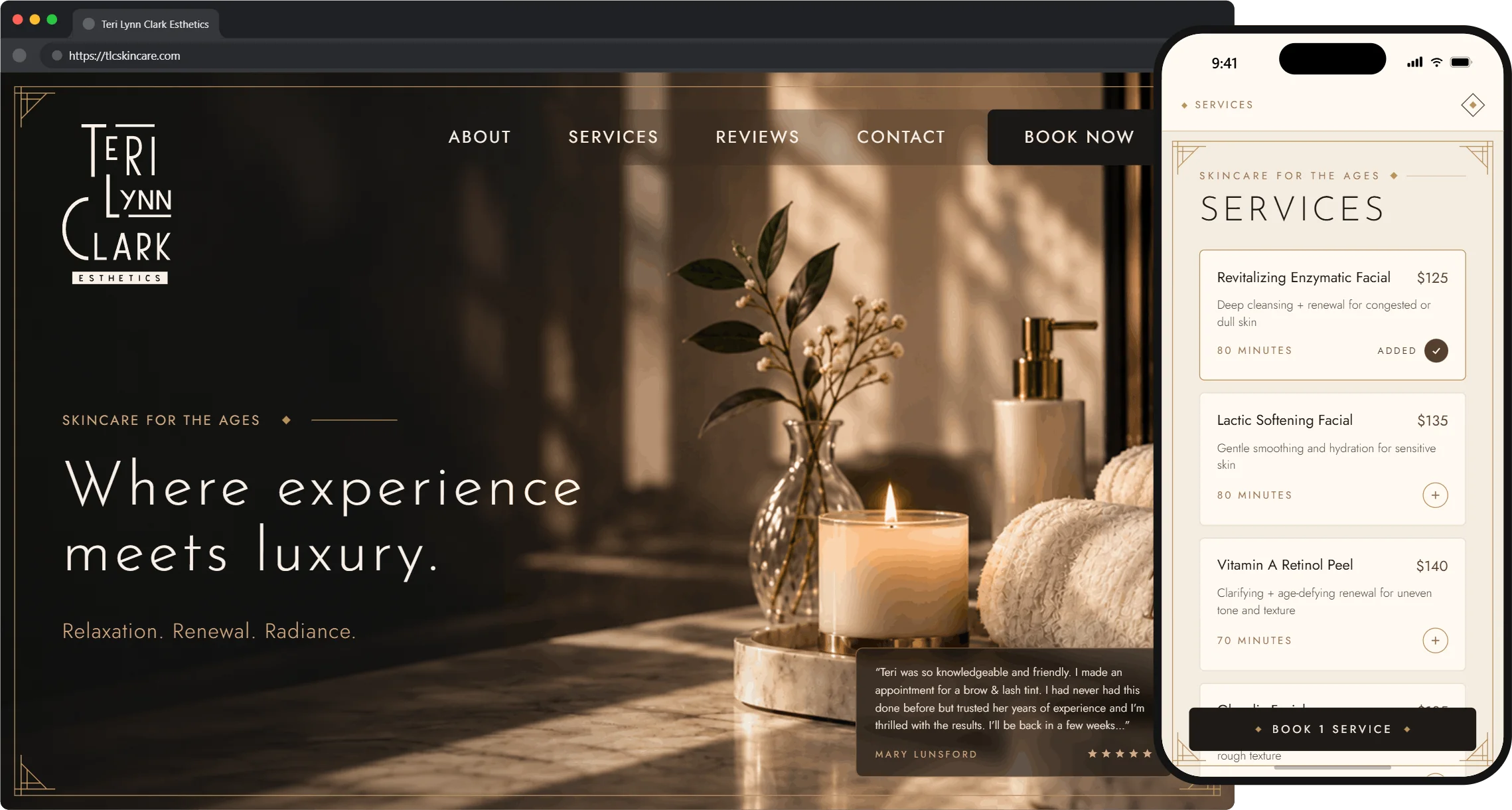 The finished website on desktop and mobile: “Where experience meets luxury.”