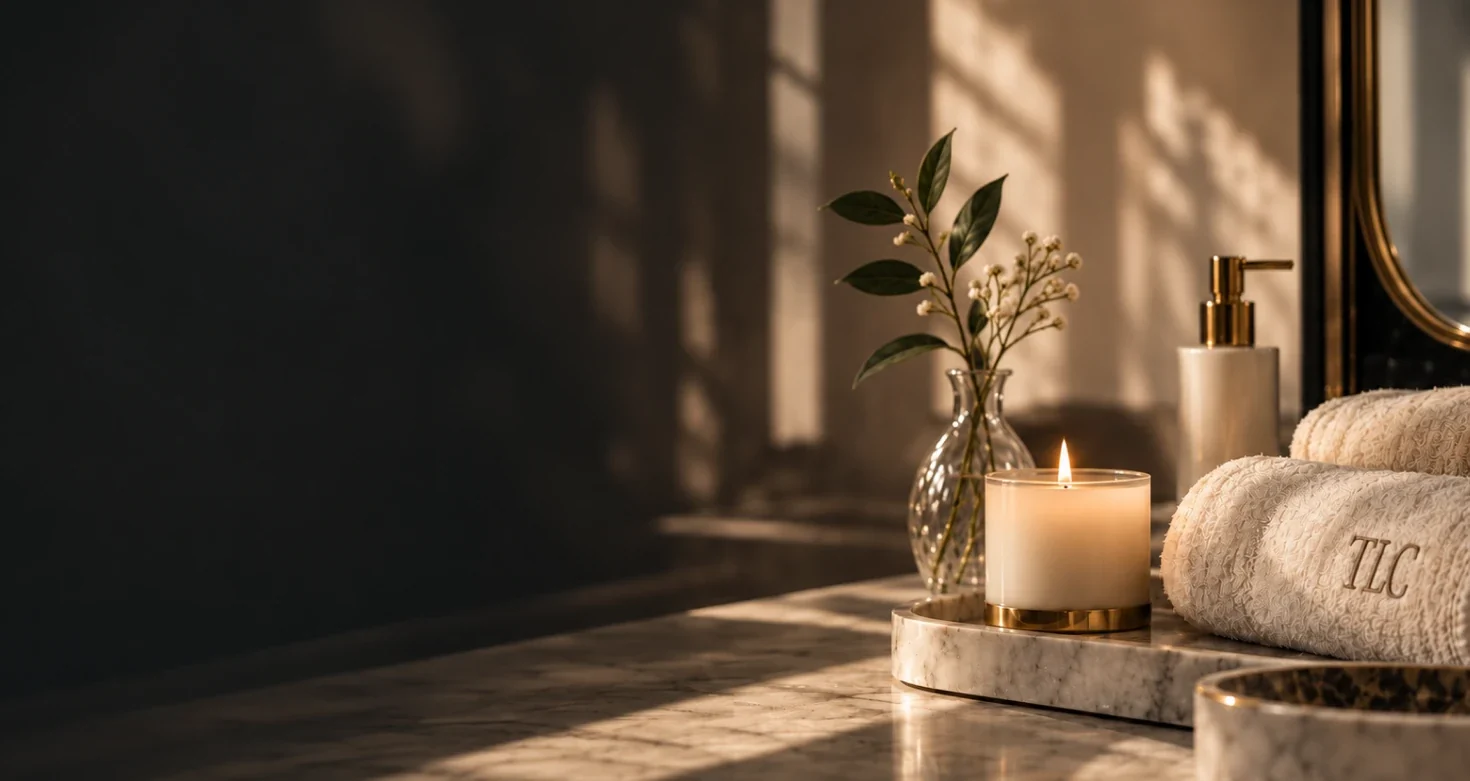 A lit candle beside a glass vase and a rolled towel stitched with the TLC monogram